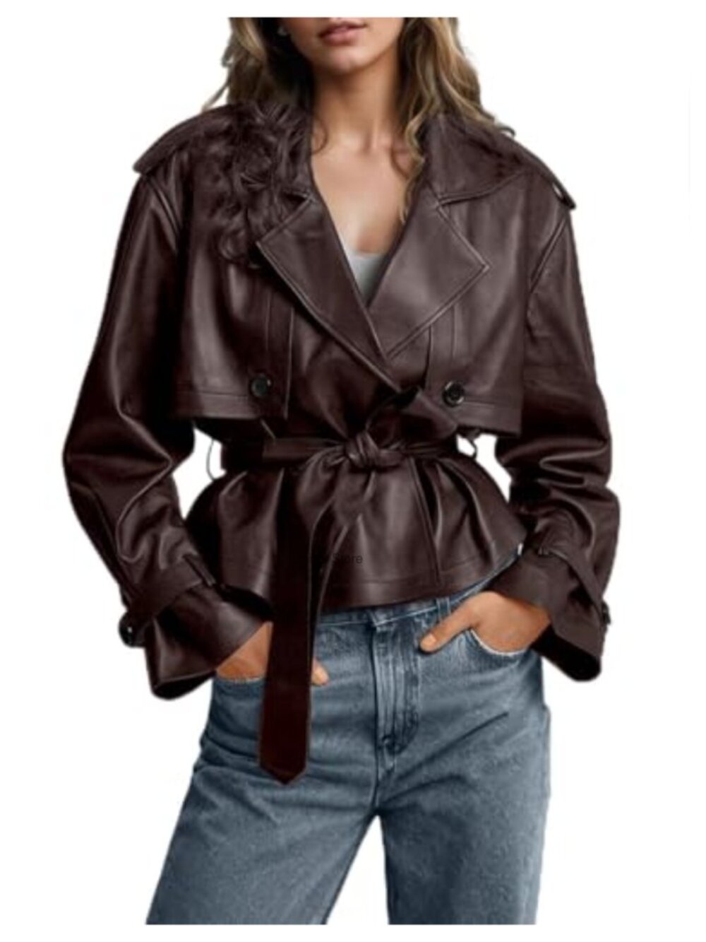 Faux Leather Belted Trench Coat Moto Business Casual